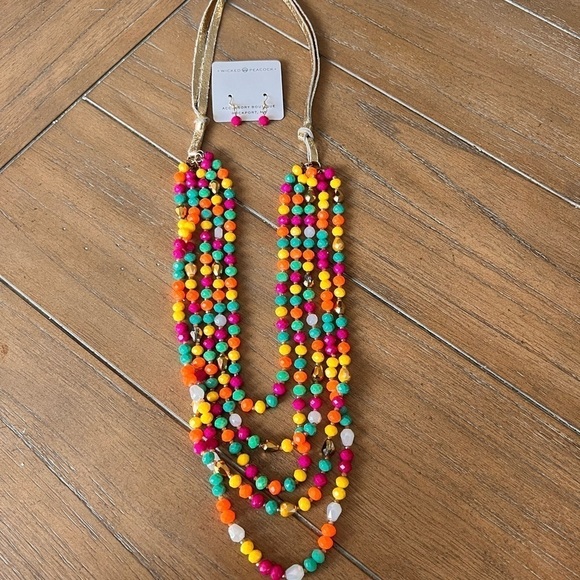 Colorful Bright Multi Color 5 Strand Necklace with matching earrings Gold Purple - Picture 8 of 12